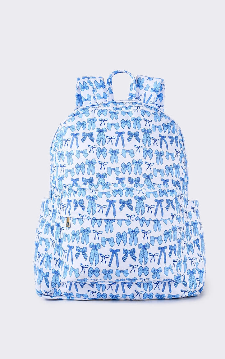 Blue Bow Print Kids Girls Canvas Backpack
