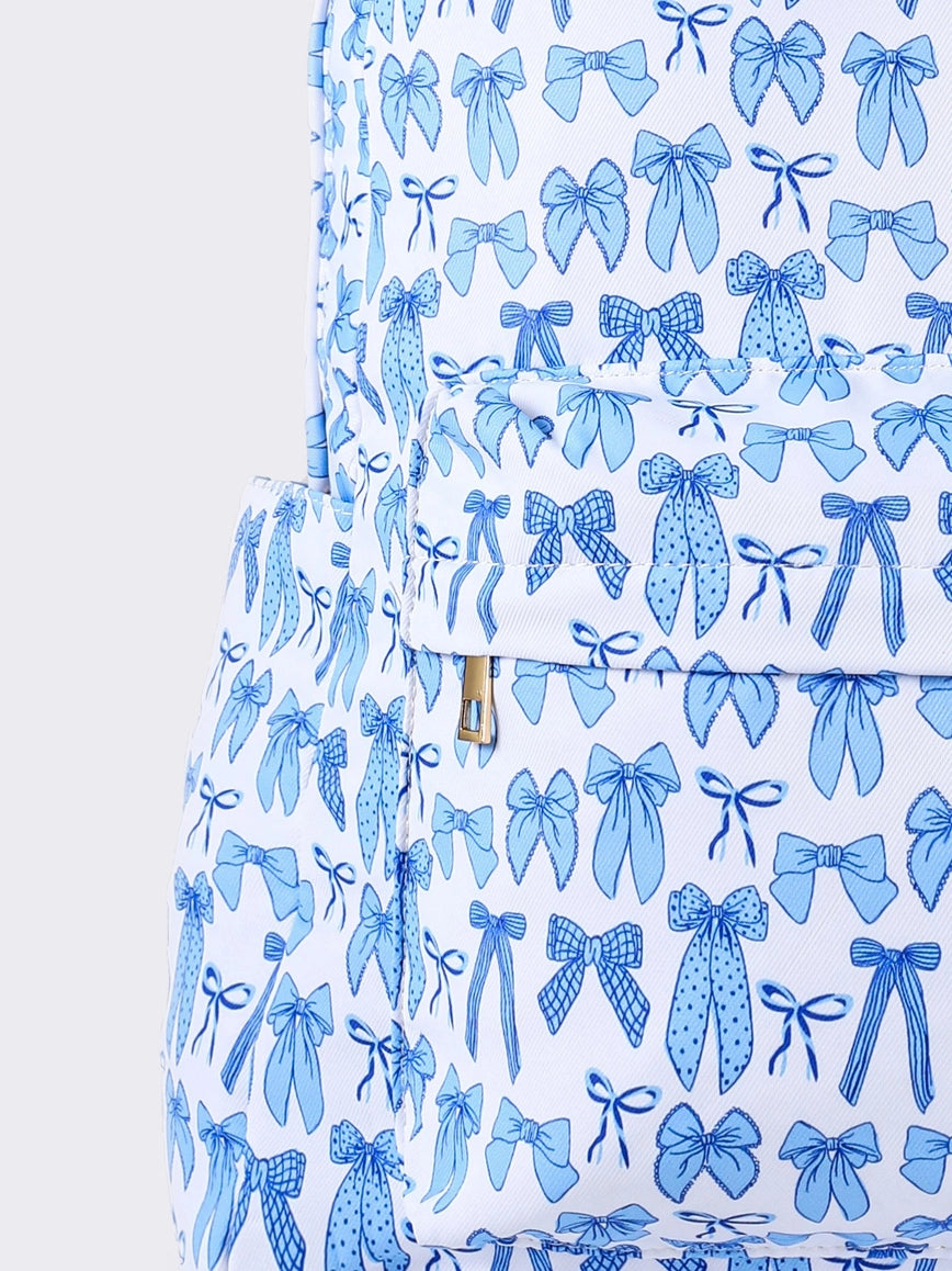 Blue Bow Print Kids Girls Canvas Backpack