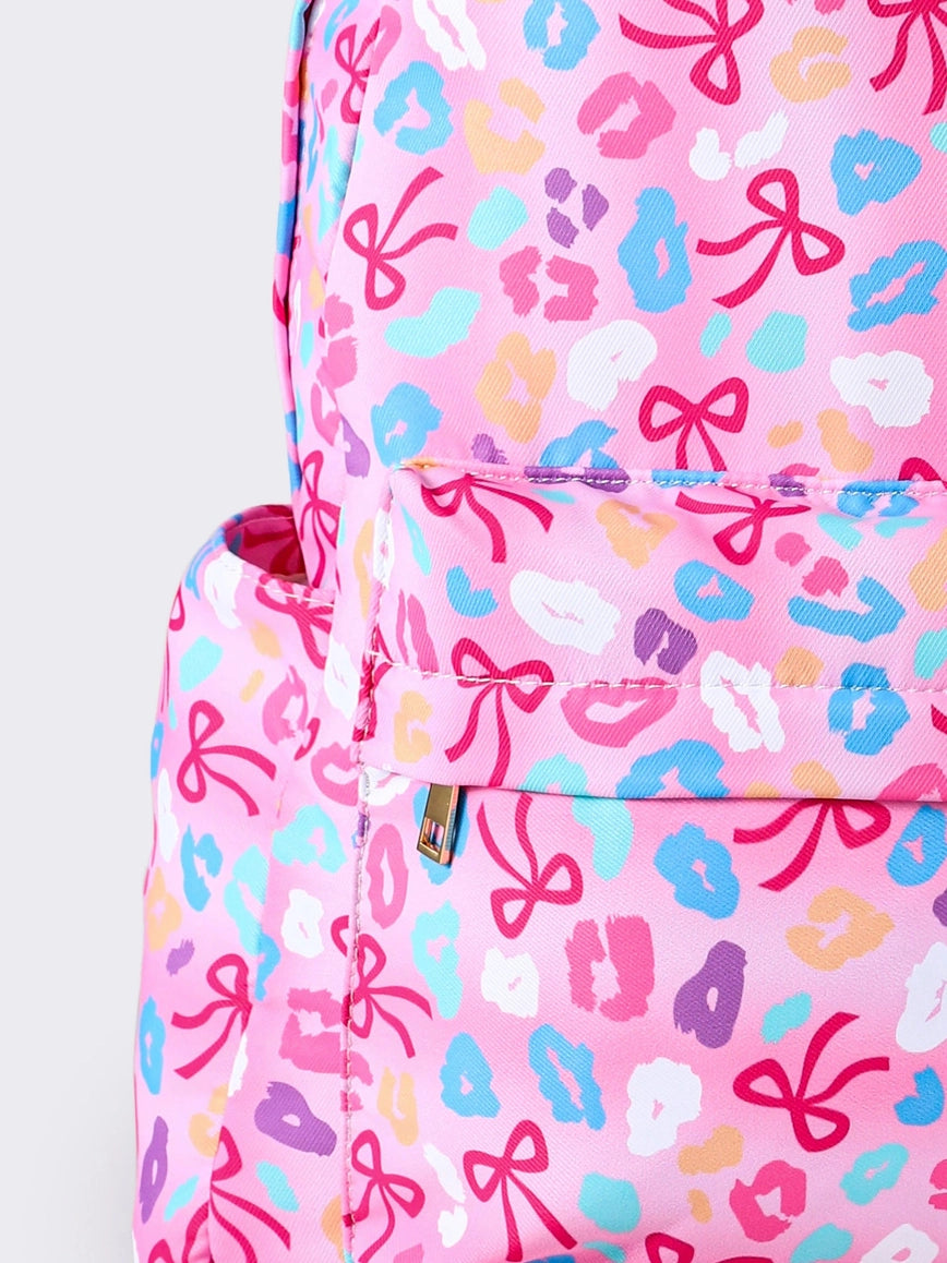 Cheetah Bow Printed Girls Canvas Backpack