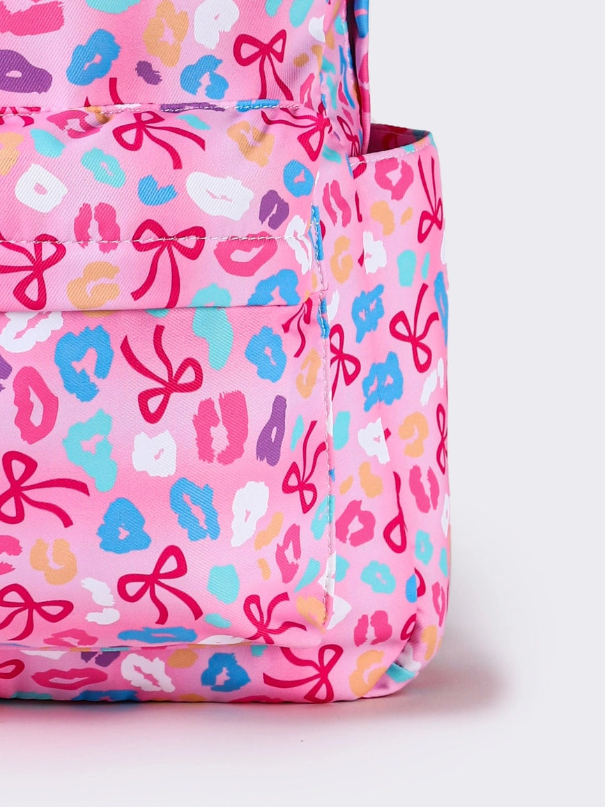 Cheetah Bow Printed Girls Canvas Backpack
