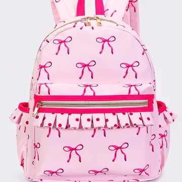 Bow Print Girls Ruffle Backpack